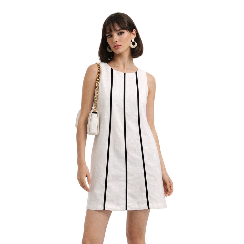 Endless Rose Mini Dress Linen White Black Sleeveless Mod Chic Preppy Modern M